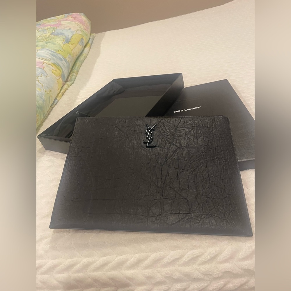 YSL Monogram crocodile-effect pouch